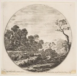 Plade 6: køer krydser en dal til venstre, en rytter og andre køer i baggrunden..., ca. 1646.