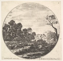 Plade 6: køer krydser en dal til venstre, en gruppe træer til venstre, en rytter og o..., ca. 1643-48.