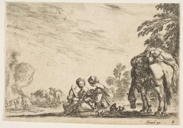 Plade 6: to kvinder, den ene ammer et barn, siddende ved siden af en hund og en hest med en flok..., 1642.