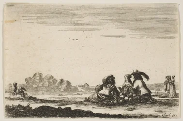 Plade 7: To adelsmænd siddende i midten, set bagfra, i samtale med et adelshav..., 1642.