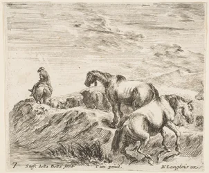 Plade 7: to heste, der stiger op ad bredden af en flod til højre, følger en procession ..., ca. 1644-47.