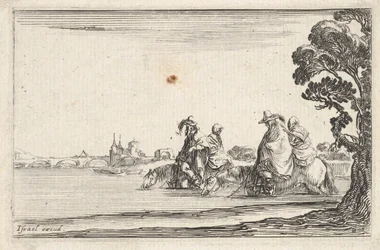 Plade 8: to ryttere i hatte til højre, hver med en kvinde siddende bag sig, ridende t..., ca. 1642.