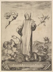 Saint Jean Gualbert tramper et monster med to menneskehoveder og en slangekrop, en flue..., 1640.