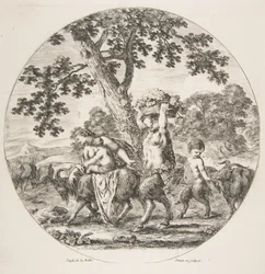 Satyrfamilien går mod venstre med to geder og en kurv med druer, ca. 1657.