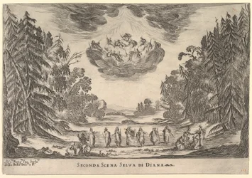 Anden scene, i Dianas skov, fra gudernes ægteskab Le nozze degli Dei, 1637.