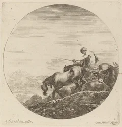 Hyrde på en hest, der driver en flok forskellige dyr