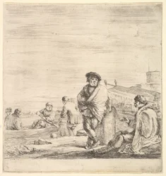 Stående sømand i midten taler med en siddende levantinsk mand til venstre, ses i profil..., ca. 1658-63.
