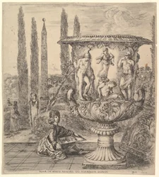 Medici-vasen, en stor vase til højre dekoreret med en repræsentation af ofringen af..., 1656.