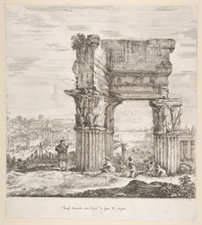 Vespasians tempel og Forum Romanum, fra seks store udsigter, fire af Rom og to ..., 1656.