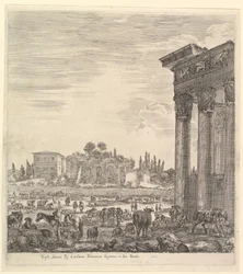 Søjlerne i Antoninus-templet til højre, en del af Campo Vaccino i midten og..., 1656.