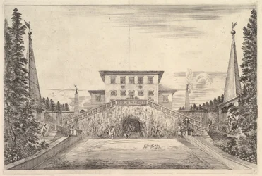Villaen i midten flankeret af fire obelisker, en trappe til hver side, en statue i ..., ca. 1653.