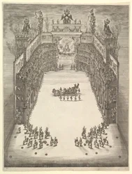 Teater i Modena, set oppefra og fyldt med tilskuere, med en triumfbil i cen..., 1652.