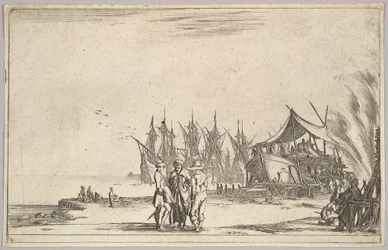 Tre mænd iført hatte stående i midten, mænd, der fikserer et skib til højre, fem skibe og vari..., 1639.