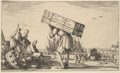 Titelside: en mand med en sag på ryggen i midten, tre mænd kigger mod ham den ..., 1639.