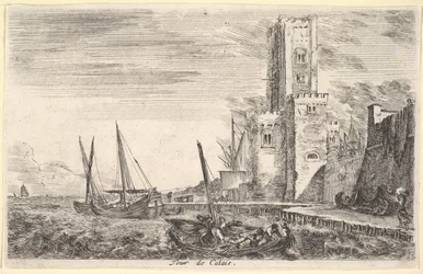 Tårnet i Calais Tour de Calais, tårn til højre, to skibe i havet til venstre og i cent..., 1647.