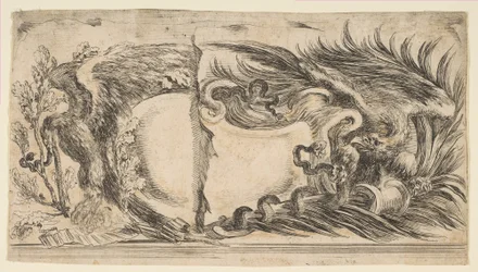 To forskellige halvdele af kartoucher, der hver viser en ørn, der kæmper mod en slange, 1646.