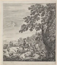 To ryttere, der passerer i nærheden af en flok dyr, 1656.