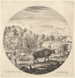 To køer i midten, efterfulgt af to bondekvinder og andre køer i floden til..., ca. 1643-48.
