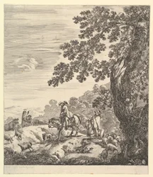 To ryttere passerer en flok, ridende mod venstre, en bondekone og en ung dreng til..., ca. 1656.