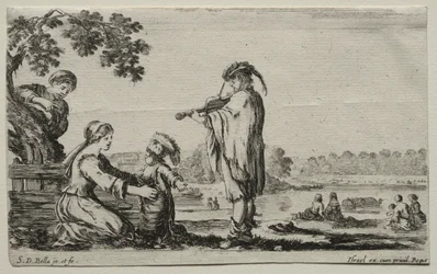 Forskellige figurer og landskaber: En violinspiller, 1649.