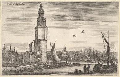 Udsigt over Amsterdam Vue dAmsterdam, et tårn og huse til venstre, mænd stående på molen ..., 1647.