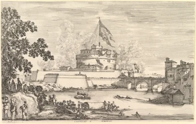 Udsigt over Tiber-floden, et stort træ til venstre, to grupper af kvinder til venstre i forgrunden..., ca. 1656.