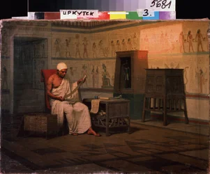 Egyptisk præst læser en papyrusrulle. Maleri af Stepan Vladislavovich Bakalovich (1857-1947). Olie på lærred, 37 x 50 cm, efter 1903. Russisk kunst, slutningen af ​​det 19. tidlige 20. århundrede. Statens kunstmuseum, Irkutsk (Rusland