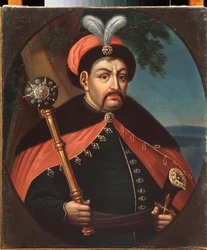 Portræt af den ukrainske kosakhetman Bohdan Khmelnytskyj (1595-1657) - maleri af Stepan Zemlykov (begyndelsen af 19. århundrede), olie på lærred, 19. århundrede, ukrainsk kunst - Regionalt kunstmuseum