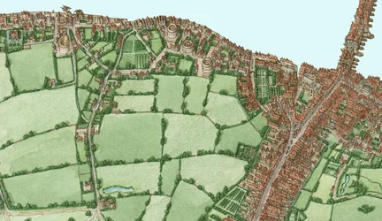 Bankside og Southwark, London, ca. 1600-25, 2021 (blæk og akvarel, digital)