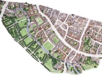 Cambridge Aerial View (tegnet 1996), ca. 1990-2005 (blæk og akvarel)
