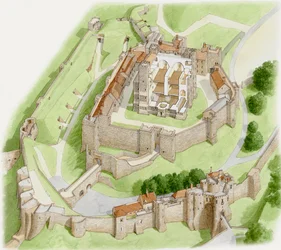 Dover Castle Today, ca. 1945-2023 (blæk og akvarel på papir)