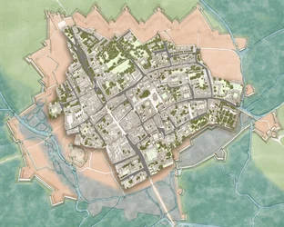 Moderne Oxford over borgerkrigens forsvarsværker, ca. 1644-1646 (blæk, akvarel, digital redigering)