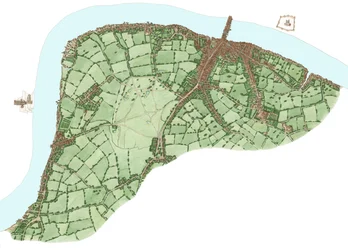 The South Bank, London, mellem Vauxhall og Bermondsey ca. 1600, 2021 (blæk og akvarel, digital)