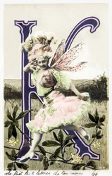 K : Juliette Mealy , sangerinde og kabaretdanserinde fra la Belle Epoque - skaberen af sangen "Frou Frou" i 1897 - Alfabet på postkort