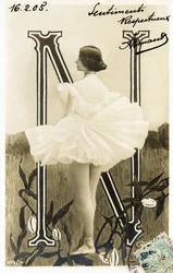 N : Cleopatre Diane de Merode, kaldet Cleo de Merode , danser fra la Belle Epoque, uddannet ved Opera de Paris - Theatre des Folies Bergere , Paris - Alfabet på postkort