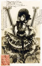 V: Mariette Sully, belgisk sopran fra Belle Epoque - Teatre: Bouffes Parisiennes, Menus Plaisirs, Gaite, Paris - Alfabet på postkort
