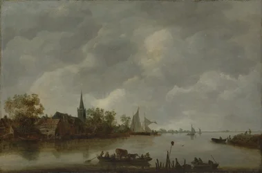 Flodudsigt med en landsbykirke.