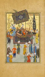 Khusrau siddende på sin trone, Folio 64 fra en Khamsa Quintet of Nizami, A.H. 931A.D. 1524-25. Skabere: Sultan Muhammad Nur, Mahmud Muzahhib, Shaikh Zada.