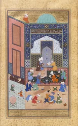 En nat med Majnun i skolen, han har 129 fra en fem quantum af Nizami, AH. 931 e.Kr 1524-25. Kratere: Sultan Muhammad Nour, Mahmoud Madhab, Sheikh Zadeh.