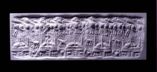 Håndteret cylindertætningsaftryk, Uruk (nu Warka, Irak), ca. 3300-3000 f.Kr. (gips)