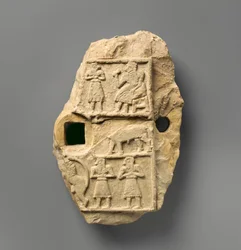 Reliefplade med en banketscene, ca. 2600–2500 f.Kr. (gipsalabast)