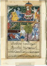 Side fra Tales of a Parrot Tuti-nama: Ottende nat: Den unge prins krones..., 1558-1560.