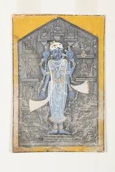 Et billede af Vishnu omgivet af basrelieffer af hans avatarer, ca. 1780 (ugennemsigtigt wc & guld på papir)