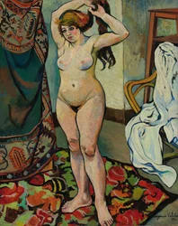 Gilbert nøgen, mens hun sætter sit hår, 1920