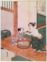En nøgen mor vasker sit barn i Japan ved siden af et bassin fyldt med vand. Tryk af Suzuki Harunobu (1725-1770). 1766-1768. Mål: 0,27 x 0,201 m. Paris, Musée Guimet, Nationalmuseet for asiatisk kunst