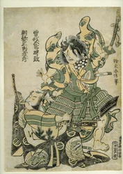 Asaina Saburo Yoshihide trækker rustningen fra Soga no Goro, ca. 1777 (træbloktryk)
