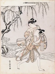 Par på bredden af floden, af Suzuki Harunobu (1725-1770), blæk og farver, Japan, japansk civilisation, Edo-perioden