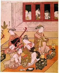 Kurtisaner, der spiller musik, udsat for voyeurernes blikke. Japansk tryk af Suzuki Harunobu (1725-1770). Omkring 1769. Mål: 0,27 x 0,21 m. Paris, Guimet-museet, Nationalmuseet for asiatisk kunst