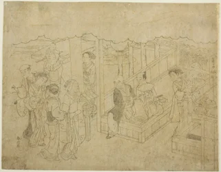 Nøglebloktryk til The Introduction (Miai), det første ark fra serien "Marriage in Brocade Prints, the Carriage of the Virtuous Woman (Konrei nishiki misao-guruma)"