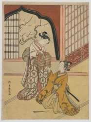 Elskere med et fuglebur, Edo-periode, ca. 1766-67 (træbloktryk i farver)